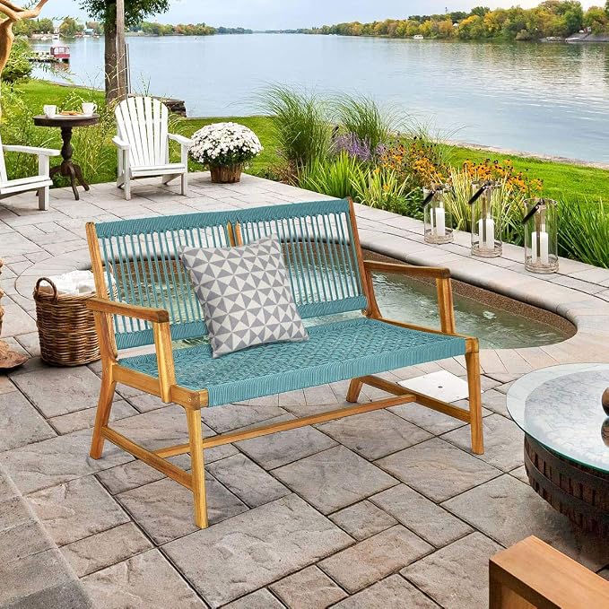 Tangkula 2-Person Patio Acacia Wood Bench Loveseat Chair, Outdoor Patio Acacia - Image 4