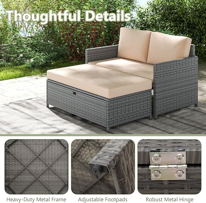 Tangkula Outdoor Rattan Daybed, Wicker Loveseat & 31 Gallon Storage Ottoman - Image 9