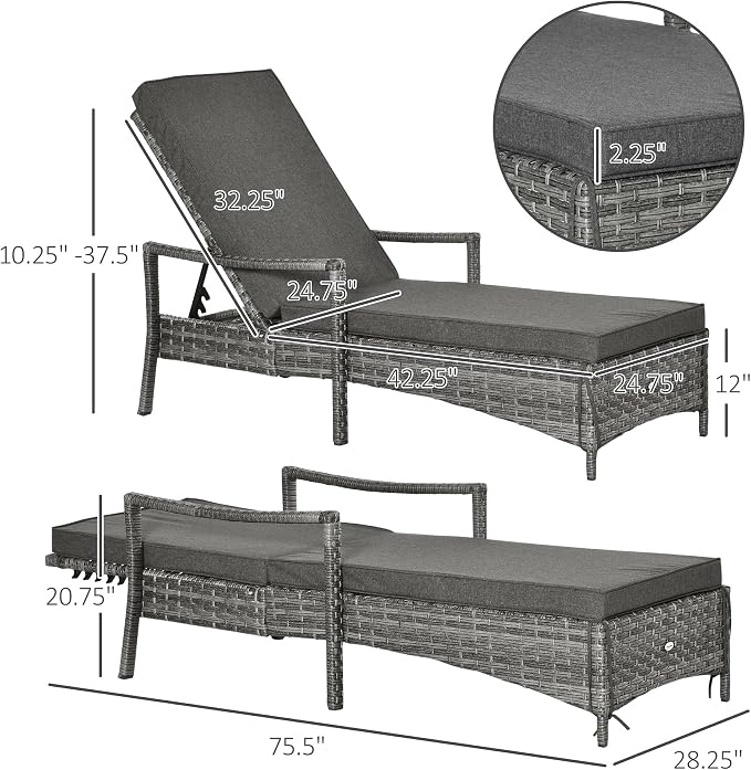 Outsunny Wicker Chaise Lounge, 4 Position Adjustable Backrest and Cushions - Image 3