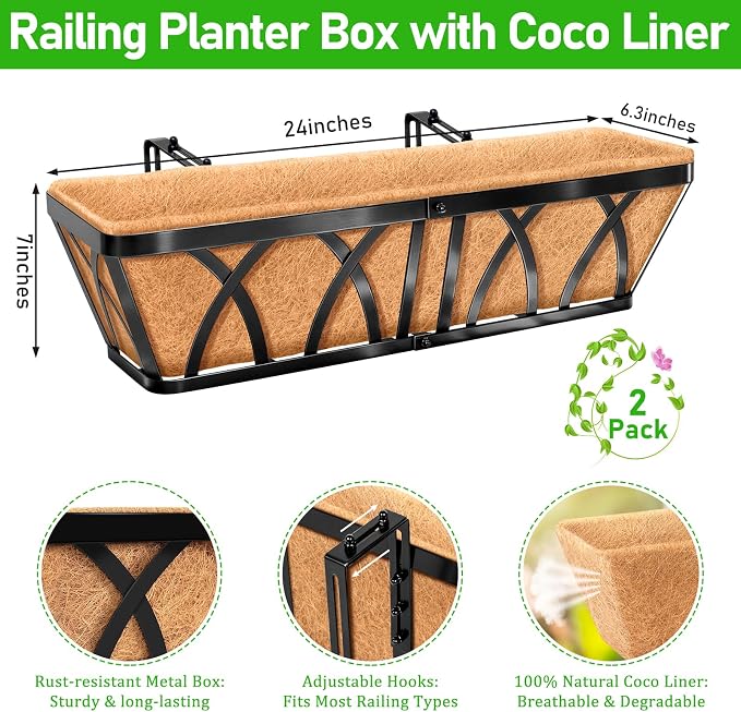 Riare 2 Pack 24 Inch Metal Railing Planter Window Box - Image 2