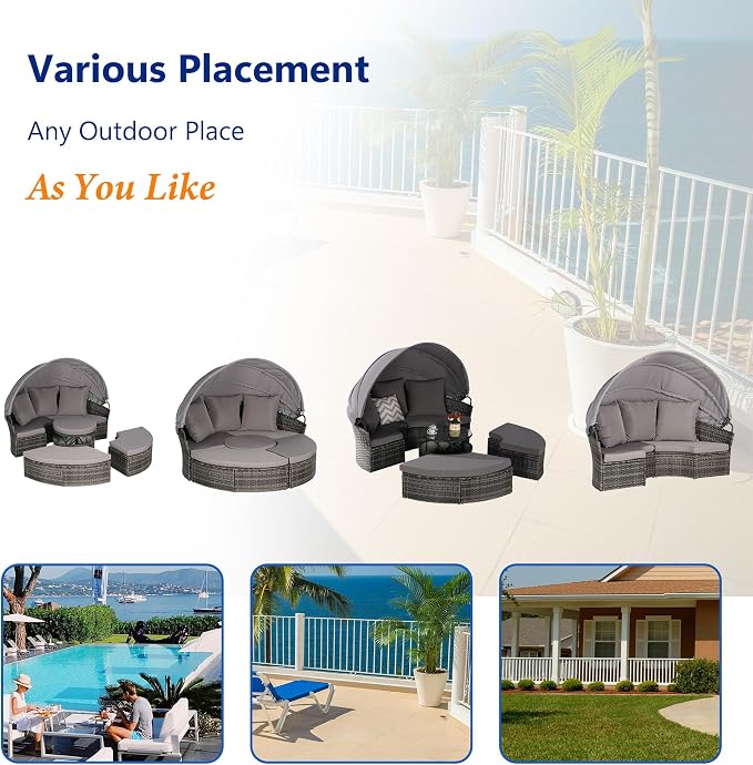 Merax 5 Pieces Outdoor Patio Round Daybed Furniture, All-Weather Wicker - Image 4