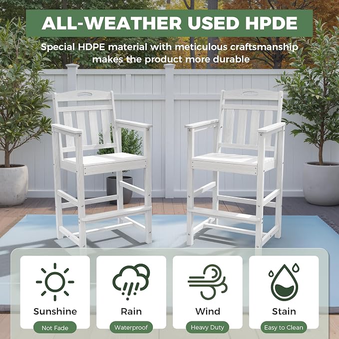 Outdoor Patio Tall Adirondack Bar Chairs Set of 2, All-Weather HDPE Bar Height - Image 2