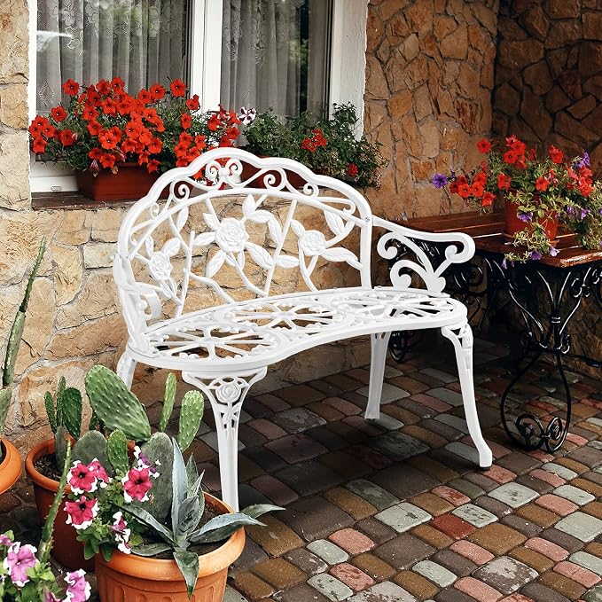 VINGLI 38.5" Patio Park Garden Outdoor Metal Rose Bench, 2-Person Cast Iron - Image 7