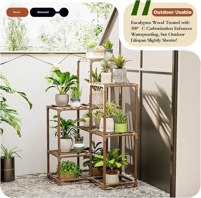 Bamworld Plant Stand Indoor Plant Shelf Outdoor Corner Wood Plant Table 7 Pots - Image 4
