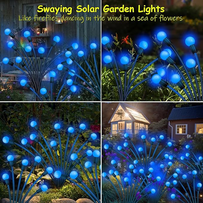 Kohlrabi Solar Garden Lights Outdoor, 6 Pack 60 LED Blue Firefly Lights - Image 4