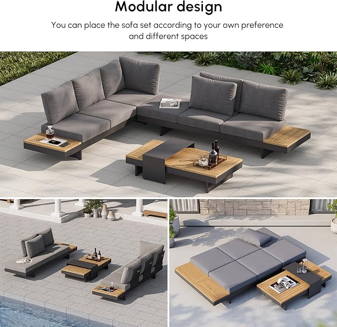homary Outdoor Conversation Sets, 6 Piece Aluminum & Teak Patio Sectional Sofa - Image 2