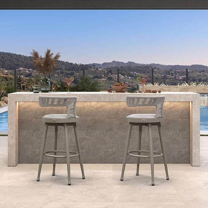 PURPLE LEAF Outdoor Swivel Bar Height Stools Set of 2 Metal Modern Wicker Bar - Image 3