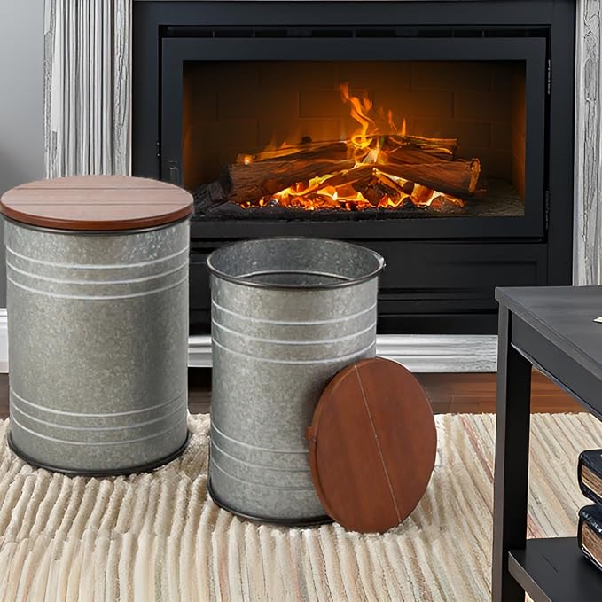 Glitzhome Rustic End Table Set of 2, Farmhouse Galvanized Metal Barrel Ottoman - Image 8
