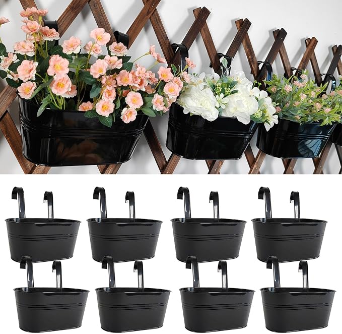 8 Pack Metal Hanging Planter for Outdoor Plants, 10 Inch Black Fence Planters by JOYFERNAL