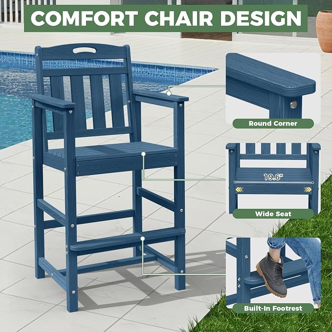 Outdoor Patio Bar Height Table and Tall Adirondack Chairs Set of 2, All-Weather - Image 4