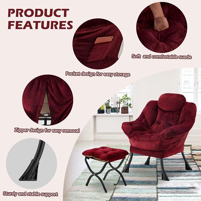 Lazy Chair with Folding Ottoman, Leisure Sofa Chair, Soft Fabric Armchair with - Image 5