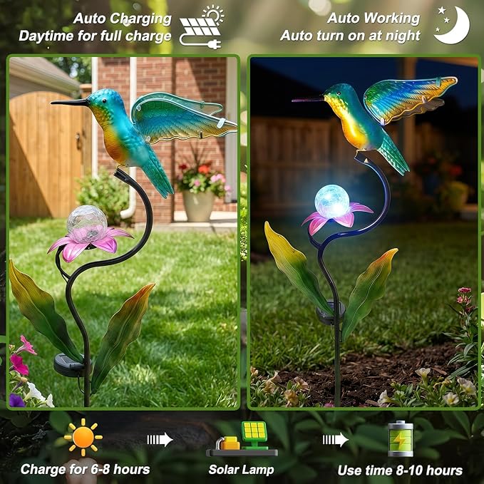 HONGLAND 46 Inch Solar Hummingbird Lights, Solar Garden Decor - Image 4