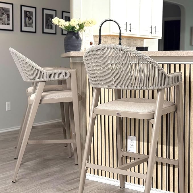 PURPLE LEAF Outdoor Bar Height Bar Stool Set of 2 Rattan Bar Chair by PURPLELEAF