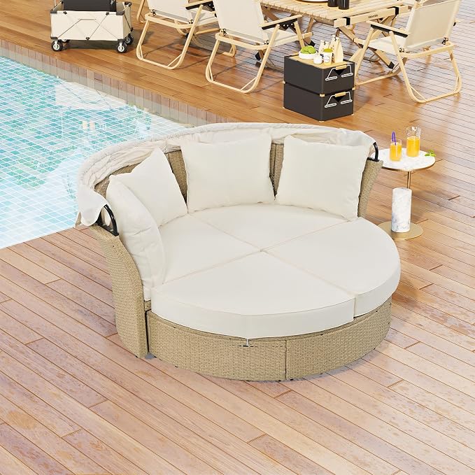 Outdoor Patio Daybed Wicker Rattan Double Daybed Round Sofa Furniture Set - Image 2