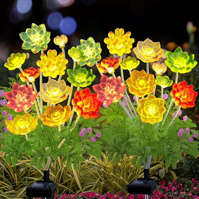 Solar Garden Lights Outdoor, 2 Pack Upgraded Succulent Solar Flowers Outside - Image 8
