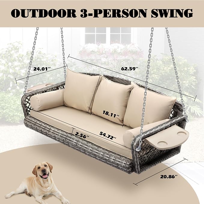 3-Person Hanging Porch Swing, Outdoor Wicker Hanging Swing Chair, 76inch Wicker - Image 7