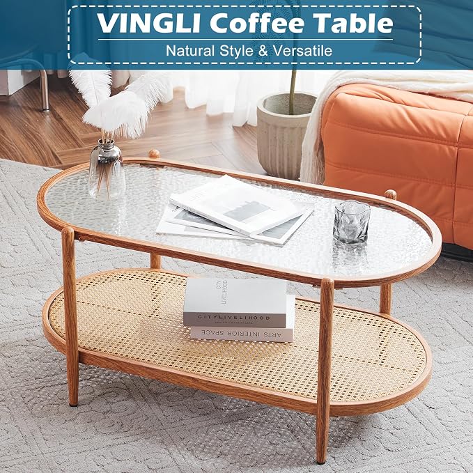 VINGLI 38" Rattan Oval Coffee Table, Water-Wave Glass Metal Center Table - Image 6