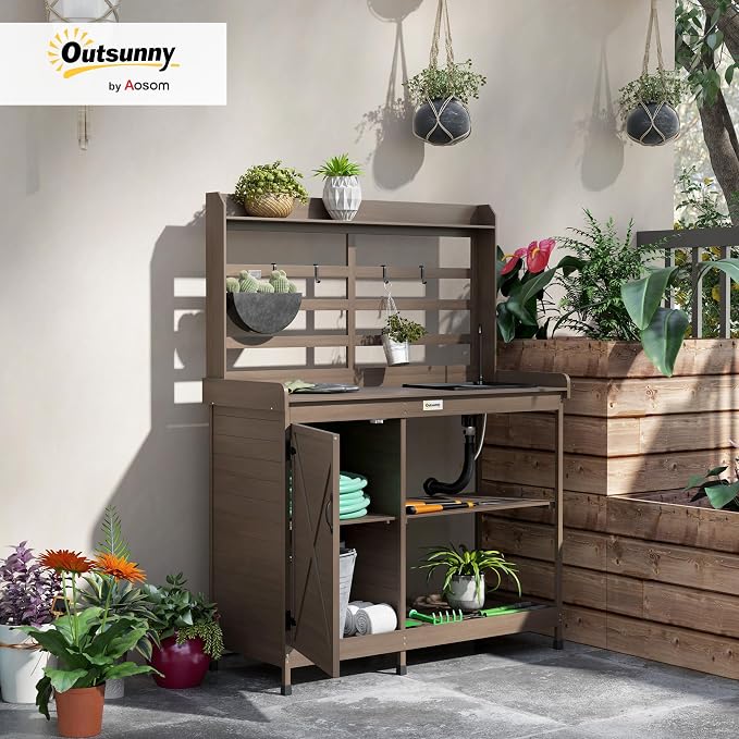 Outsunny Outdoor Wooden Potting Bench Table - Image 2