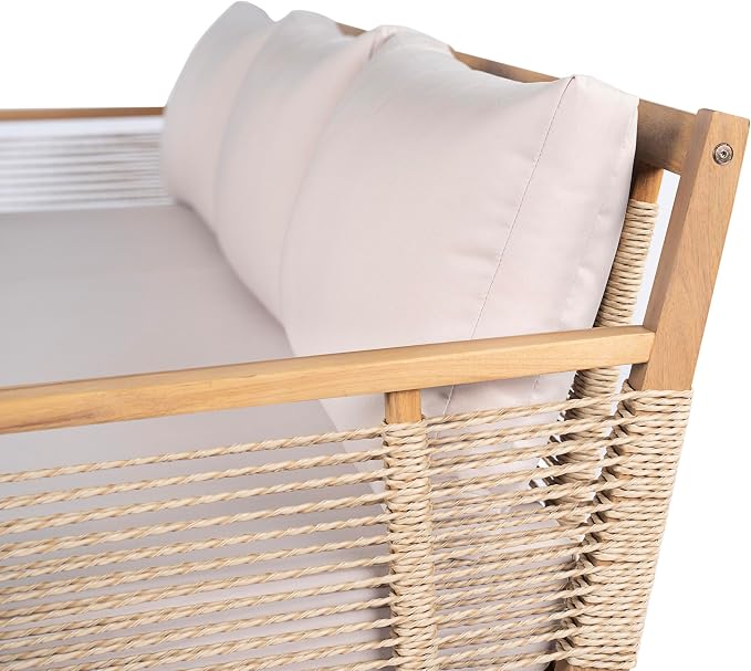 Outdoor Patio Acacia Wood 3-Seater Sofa, Hand Woven Rope Sofa - Image 9