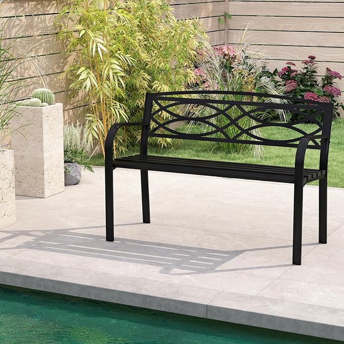 Tangkula Outdoor Metal Garden Park Bench, Heavy-Duty Metal Slatted Loveseat - Image 5