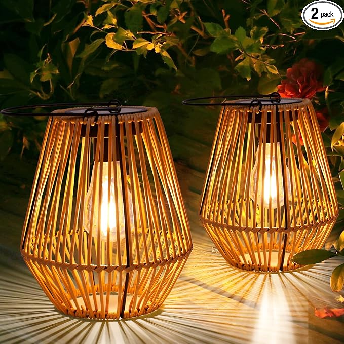 Solar Lantern, 2 Pack Solar Wicker Lanterns Outdoor Waterproof Boho Lights by Livinlarge