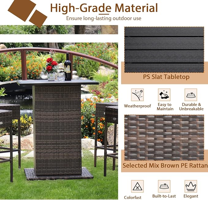 HAPPYGRILL 5 Piece Rattan Bar Set Outdoor Wicker Bar Table and 4 Bar Stools - Image 5
