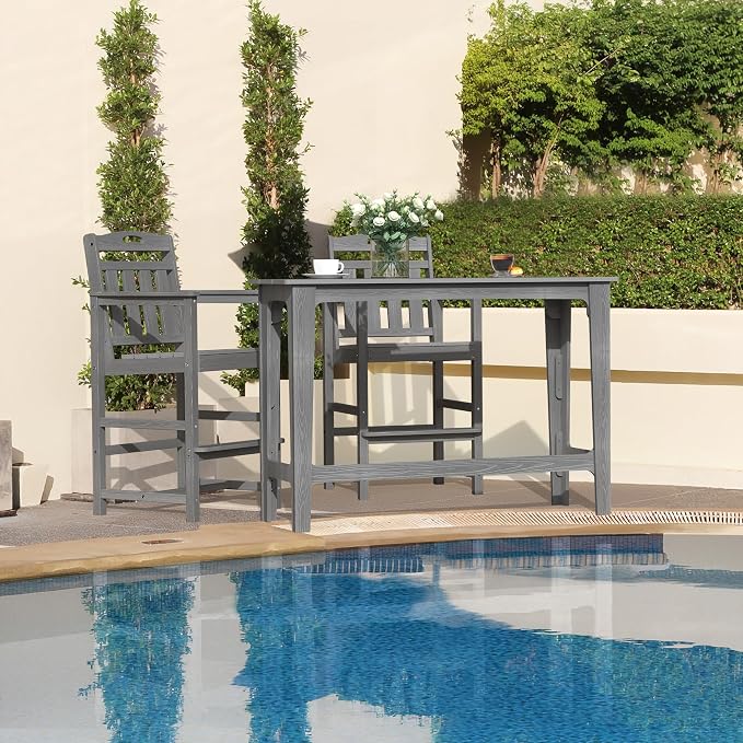 Outdoor Patio Bar Height Table and Tall Adirondack Chairs Set of 2, All-Weather - Image 7