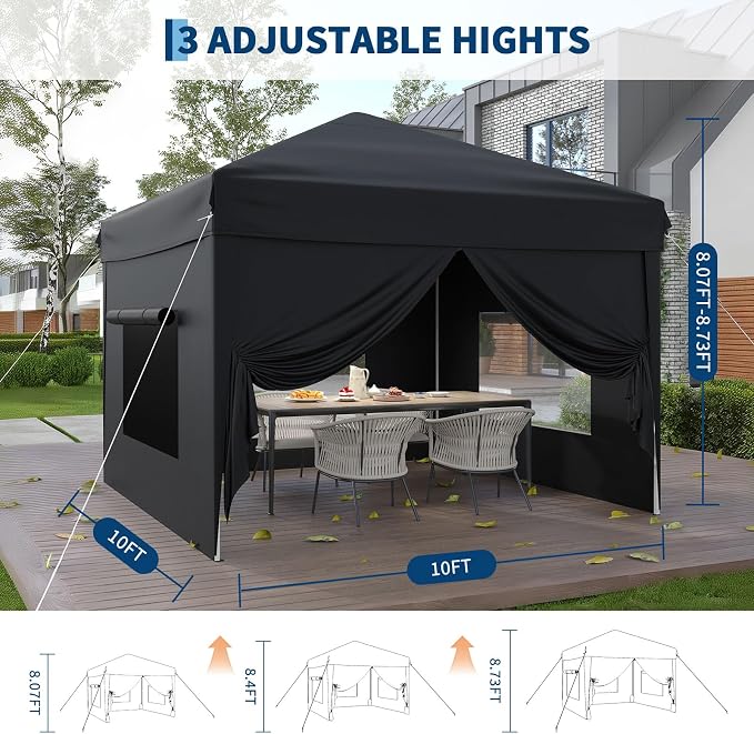 10x10 Pop Up Canopy Tent with 4 SideWalls, Easy Up Canopy with 3 Adjustable - Image 3