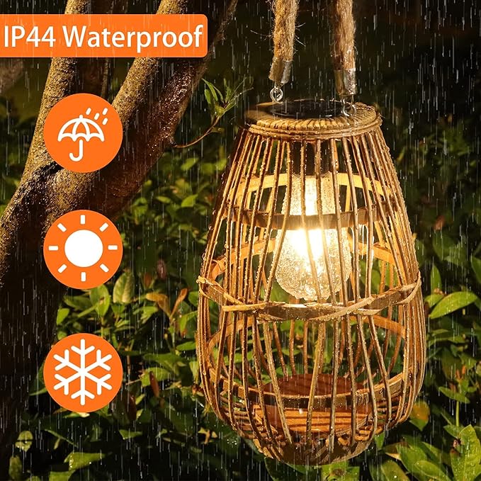 Solar Lantern Outdoor Waterproof Large Rattan Lanterns Decorative Bright Boho - Image 3