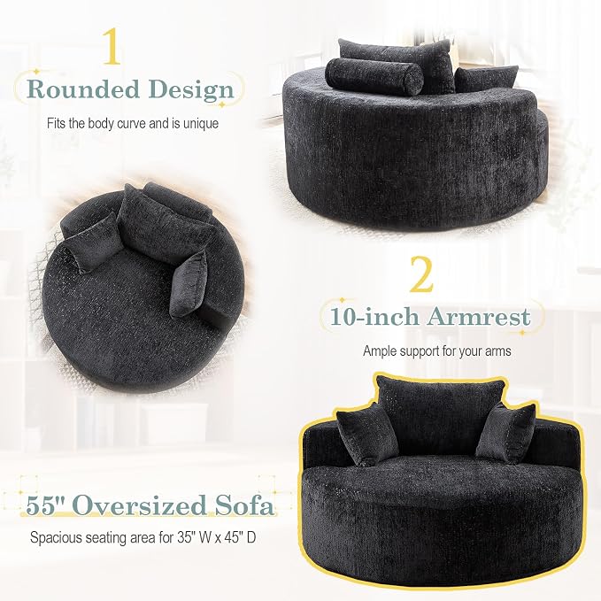 Oversized Round Chaise Longue Chair Indoor, Modern 55-inch Upholstered Chenille - Image 5