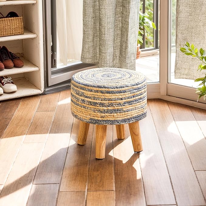 YMYNY Foot Stool Natural Seagrass Hand Weave, 12.6" Small Ottoman, Round - Image 2