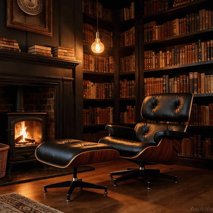 Top Black Grain Leather, Mid Century Chaise Lounge Chair and Ottoman, Leather - Image 5