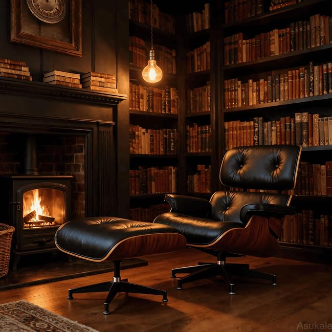 Top Black Grain Leather, Mid Century Chaise Lounge Chair and Ottoman, Accent - Image 5