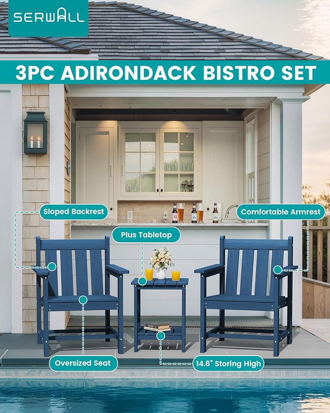 SEWRWALL 3 Pieces Patio Bistro Set, All Weather Adirondack Chair Set - Image 3