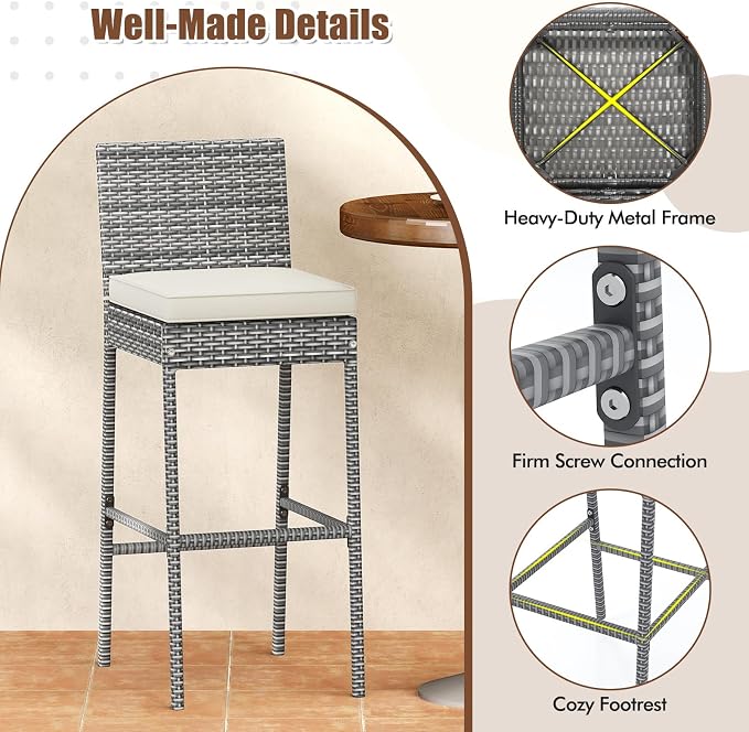 Tangkula Set of 2 Patio Wicker Barstools, Outdoor Bar Height Chair w/Soft Seat - Image 7