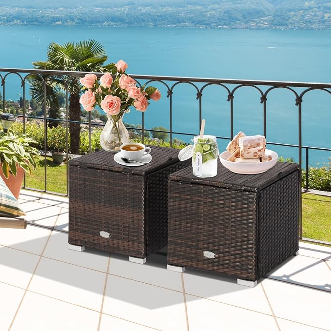 Tangkula 2 Pieces Patio Ottomans, Patiojoy Hand-Woven PE Rattan Side Table - Image 3