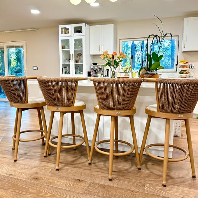 PURPLE LEAF Swivel Outdoor Bar Height Stools Set of 2 Modern Wicker Bar Chairs by PURPLELEAF
