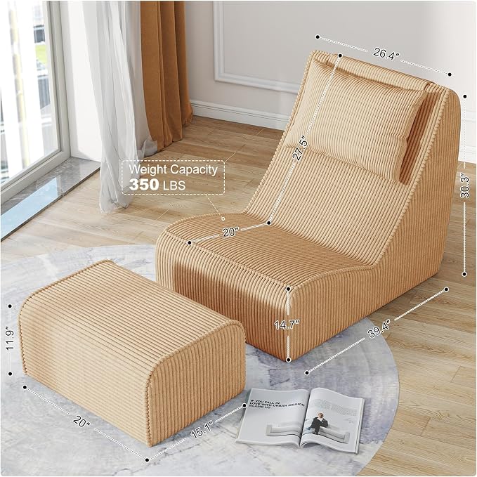 Giant Bean Bag Chair for Adults, Corduroy Chaise Lounge - Image 2