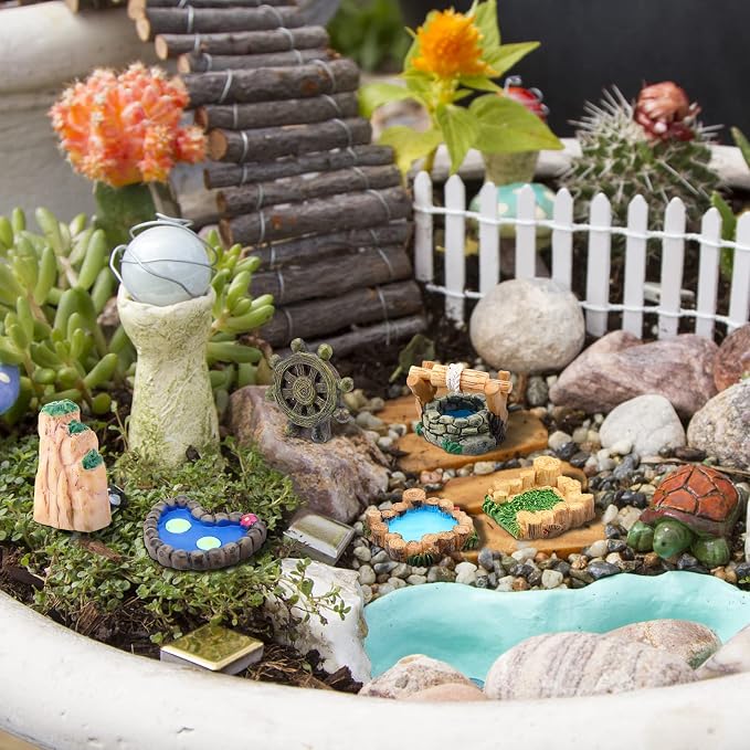 Meooeck 24 Pcs Miniature Garden Accessories Mini Fairy Bridge Figurines Pond - Image 6