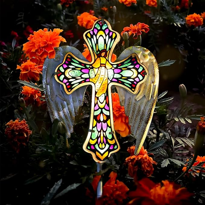 YJFWAL Solar Glass Cross Garden Stake Light, Cemetery Decorations by YJFWAL