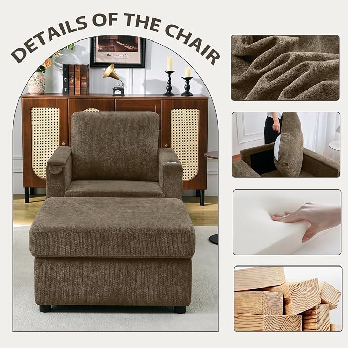 Modern Accent Chairs with Storage Ottoman Set, Chenille Reading Armchair with - Image 4