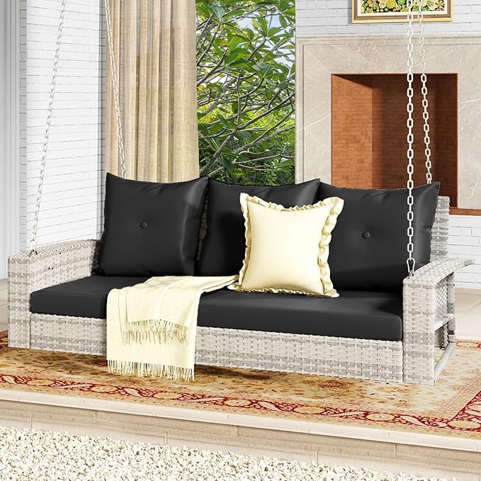 DWVO 3-Seats Wicker Hanging Porch Swing Chair Outdoor Gray Rattan Patio Swing - Image 7
