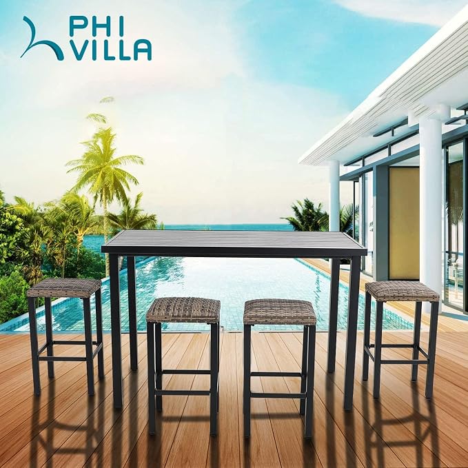 PHI VILLA Outdoor Bar Stools Set of 4, 26” Wicker Seat Counter Height Backless - Image 8