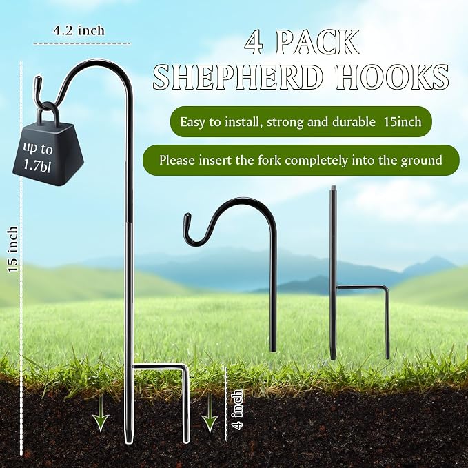 4 Pcs 15 Inch Shepherds Hook for Outdoor Adjustable Bird Feeder Pole Metal - Image 2