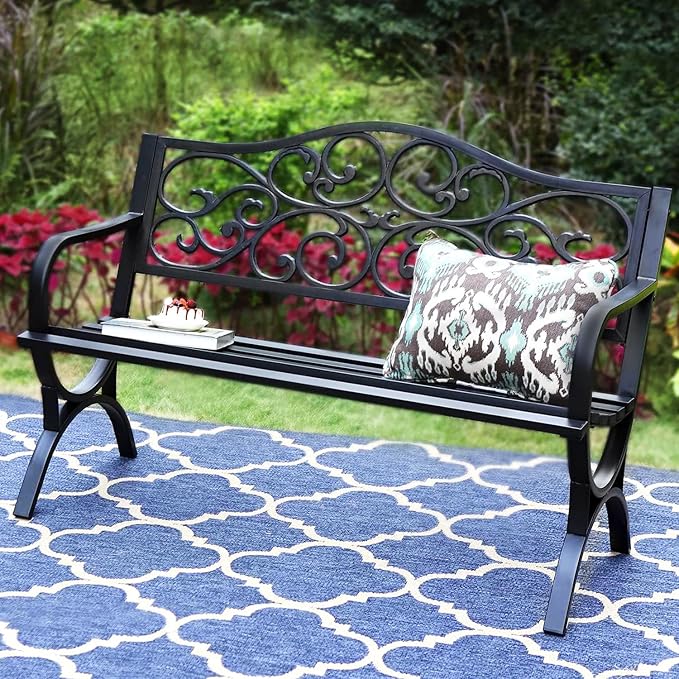 PHI VILLA 50-Inch Cast Iron Steel Frame Garden Bench Outdoor Patio Bench Chair by PHIVILLAThepioneerofcomfortablehouseholdsupplies