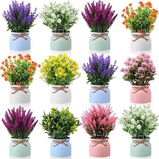 Cindeer 12 Pcs Large Artificial Potted Flowers Fake Potted Plants Plastic Faux by Cindeer