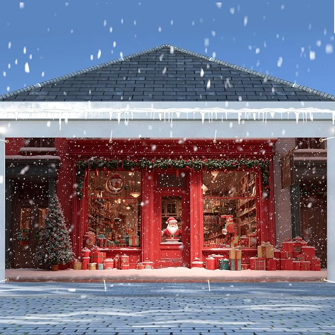 ANNA QUEEN Christmas Garage Door Banner 6×13 FT, Santa’s Red Gift Shop Window - Image 7