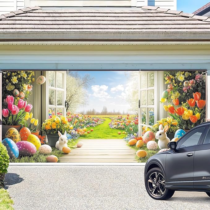 ANNA QUEEN Easter Garage Door Banner 6x13FT, Spring Garden Window Scene - Image 2