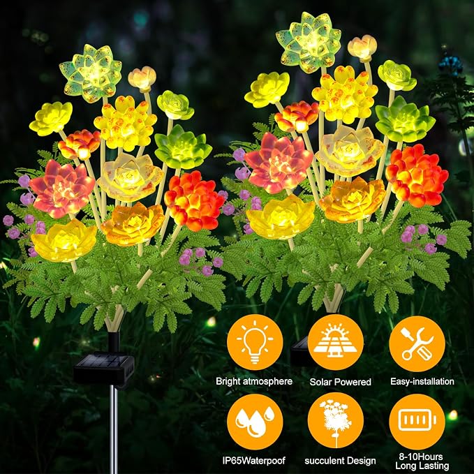 Kohlrabi Solar Garden Lights Outdoor, Upgraded 4 Pack Succulent Solar Lights - Image 4