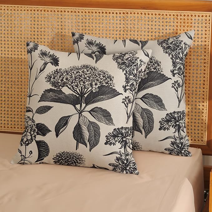 Black Pillow Covers 20x20 Inch 2 Pcs Boho Vintage Floral Decor Throw Pillows - Image 2